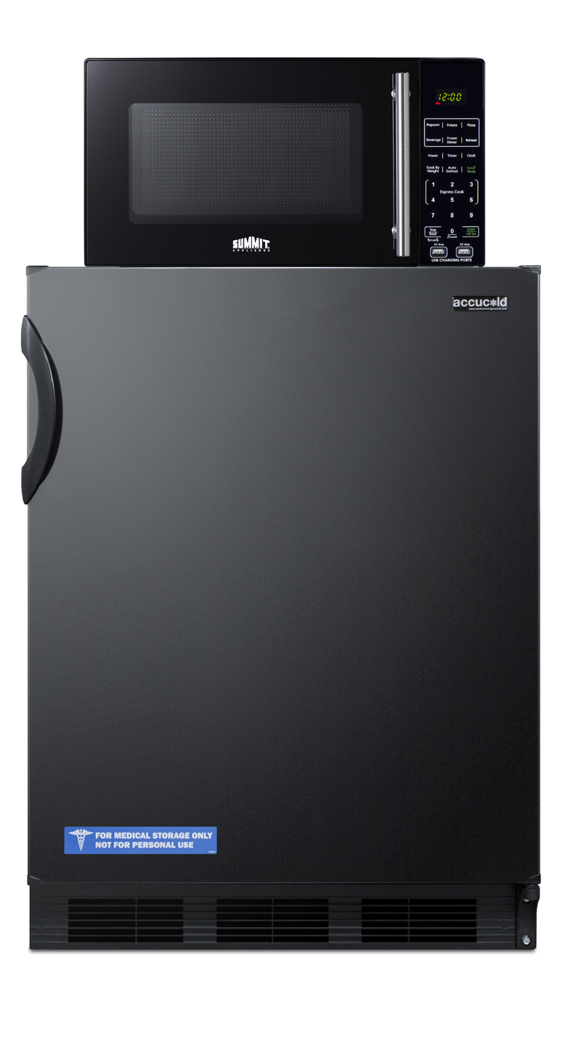 Counter height refrigerator-freezer and compact microwave in black with allocator and USB ports for 1-plug operation; ships in three boxes on one pallet